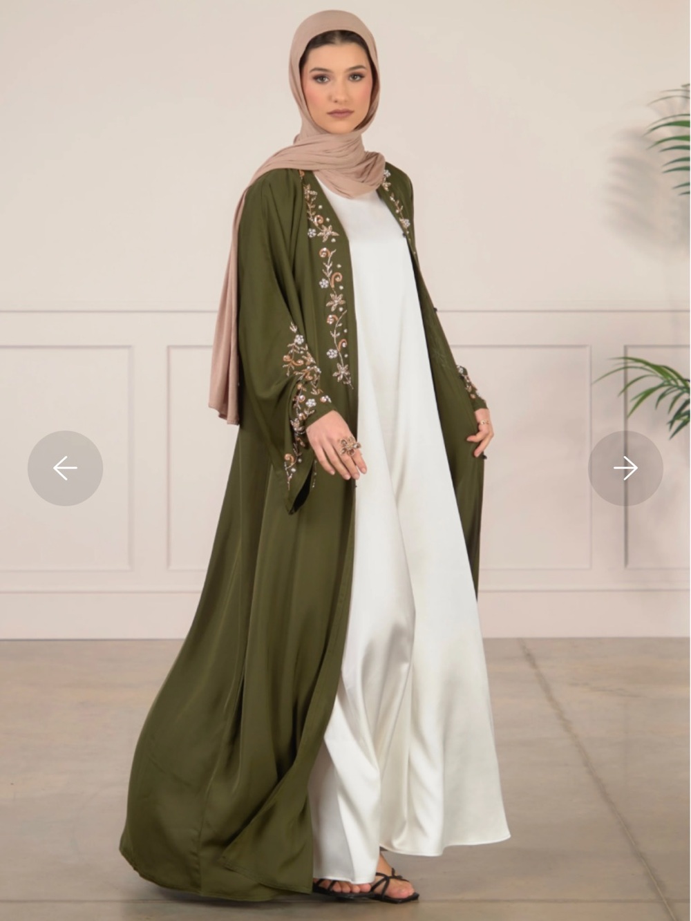 Olive Green Embroidered V-Neck Abaya/ Maxi Dress